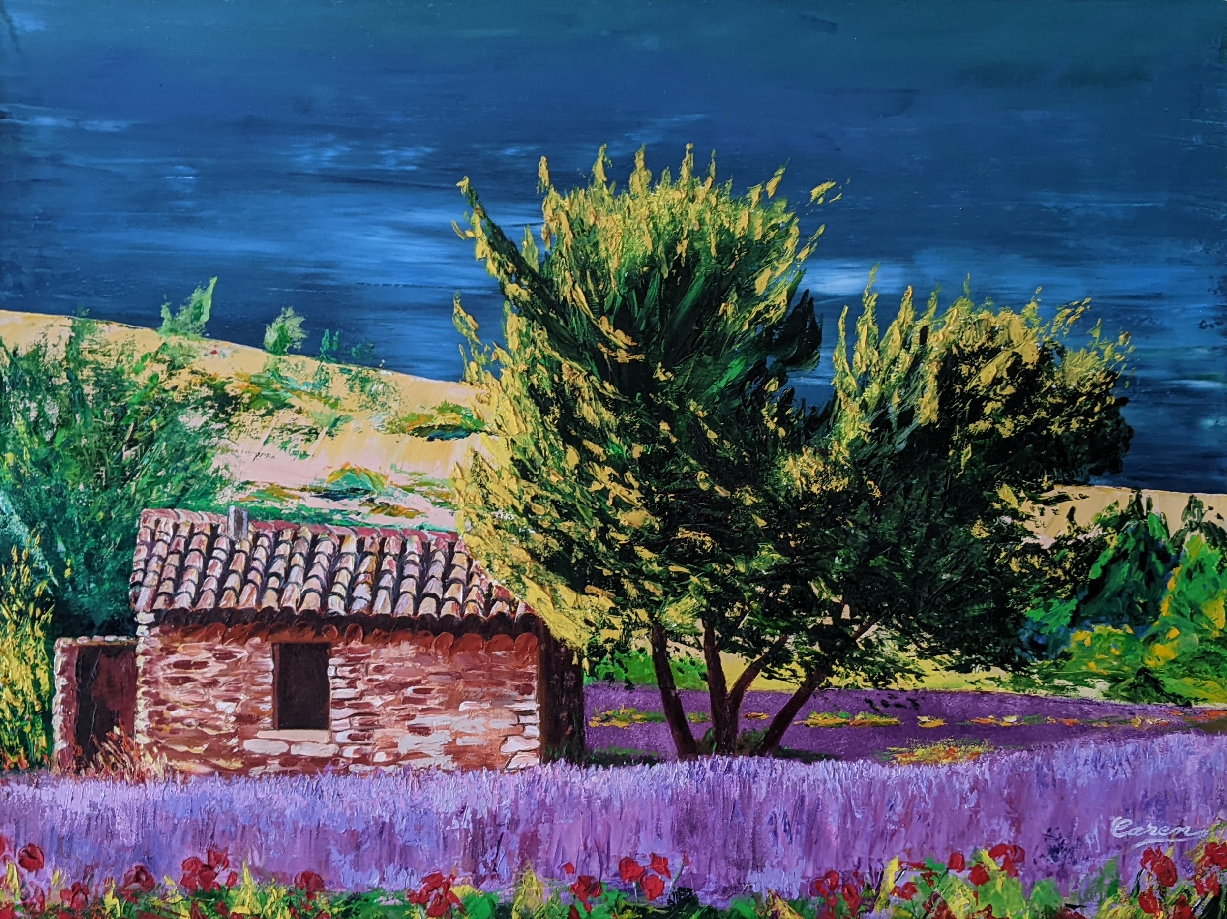 Cabane de Chasseur - Peinture Huile Spatule (encadrement inclus) 80x60 cm
