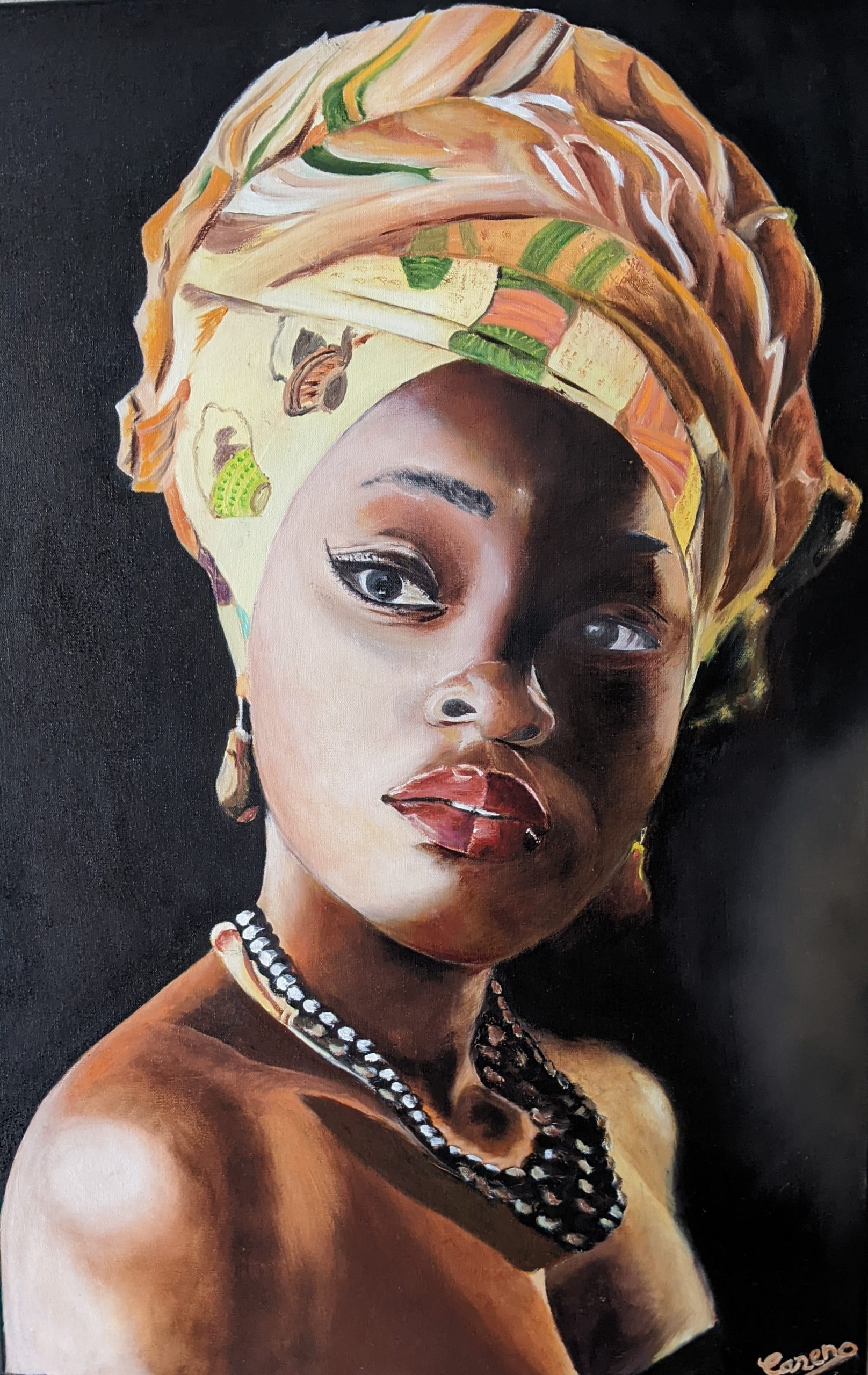 Femme Africaine au turban bariolé - Peinture Huile - 60x40 cm